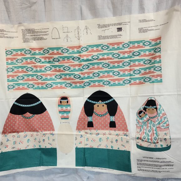 "Little Deer" Indian Doll Southwestern Cut&Sew Craft Fabric Panel TURQUOISE VTG! - Picture 1 of 12